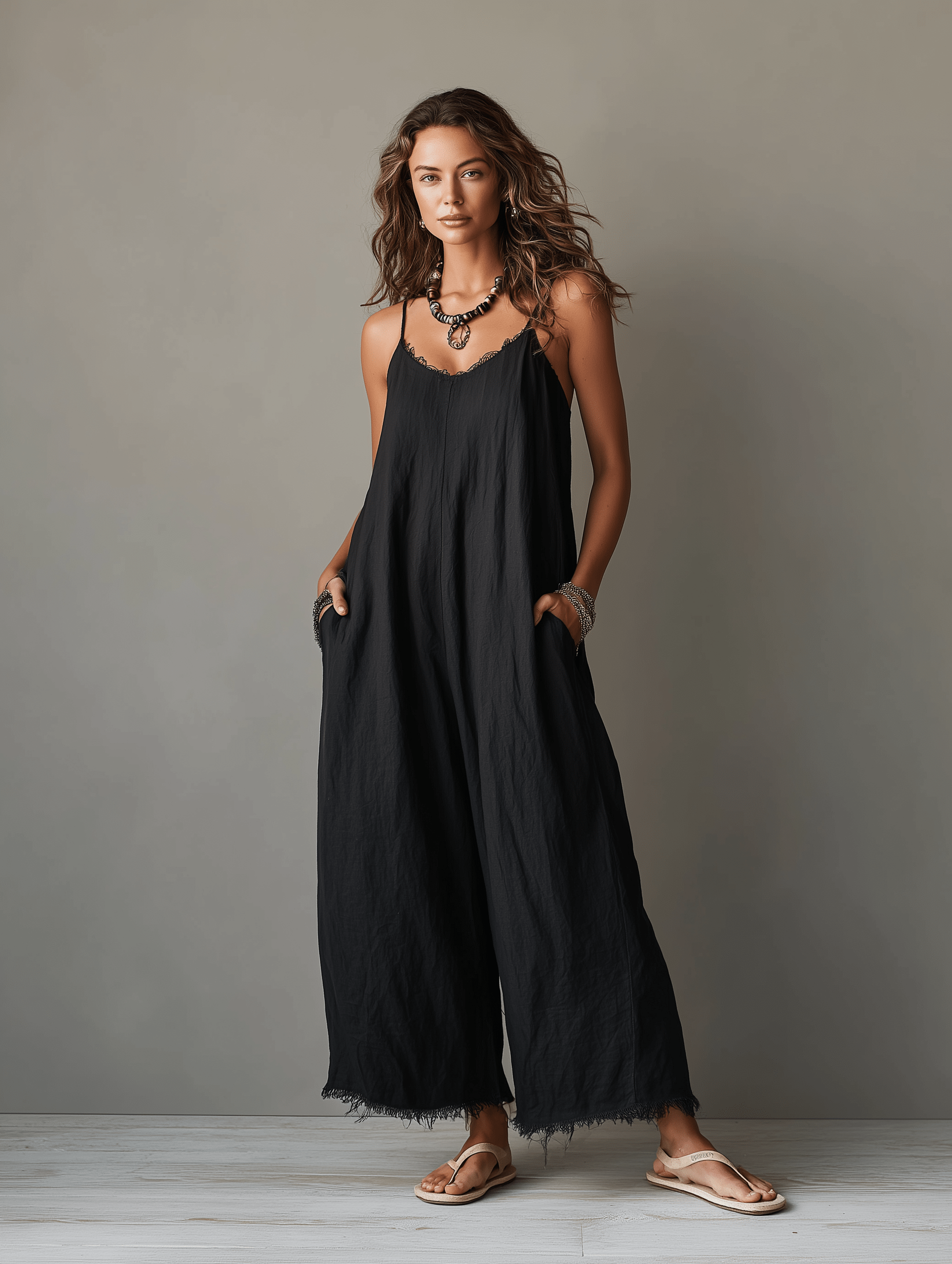 Minimalist Jumpsuit for Women with Lace Neckline and Adjustable Straps – Relaxed Fit in Soft Breathable Fabric 0