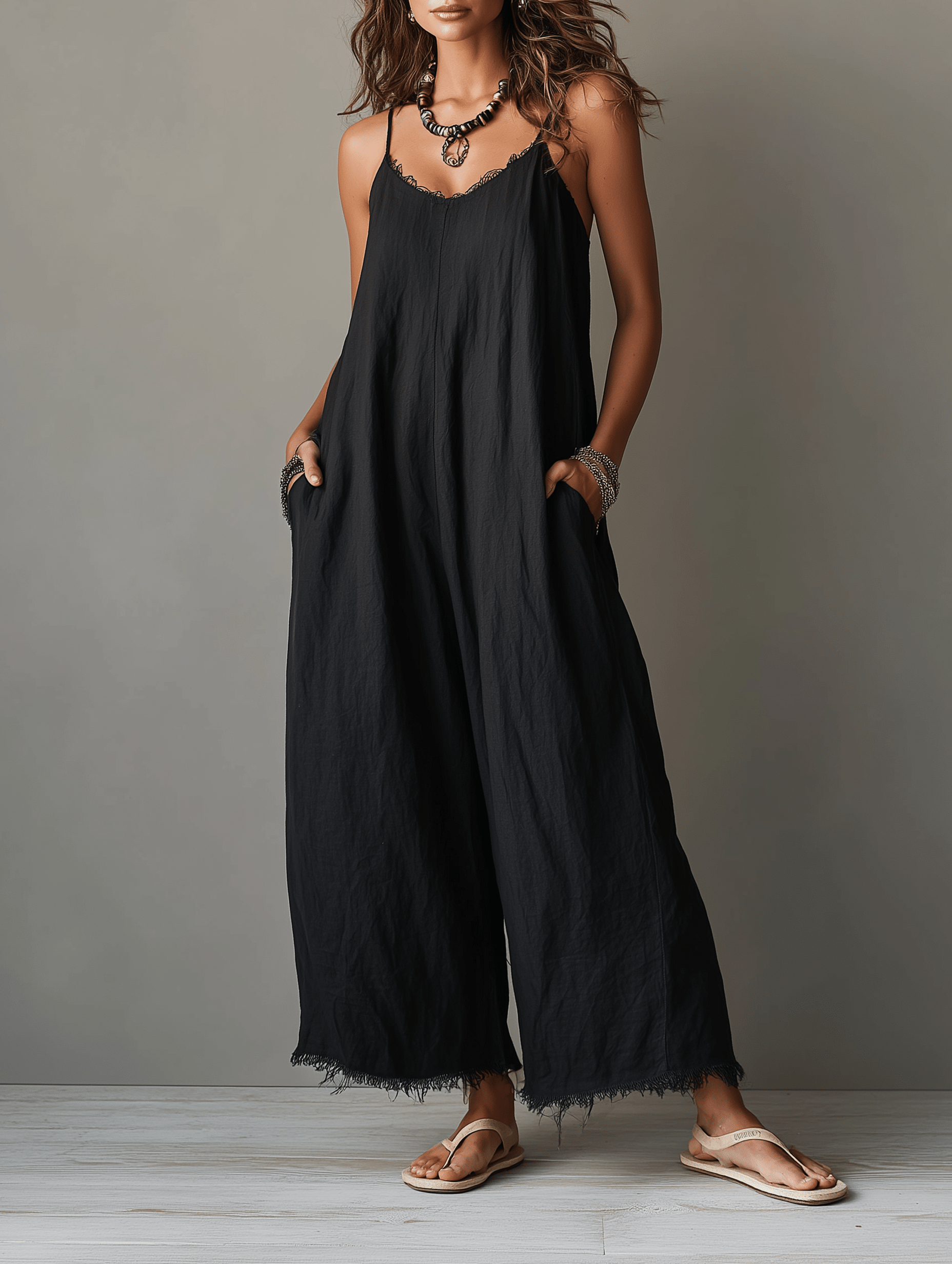 Minimalist Jumpsuit for Women with Lace Neckline and Adjustable Straps – Relaxed Fit in Soft Breathable Fabric 1