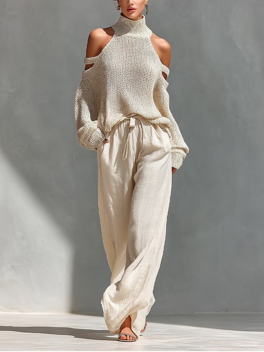 Off-shoulder two piece set featuring wide-leg trousers, showcasing a modern feminine design perfect for women’s casual or dressy occasions. 0