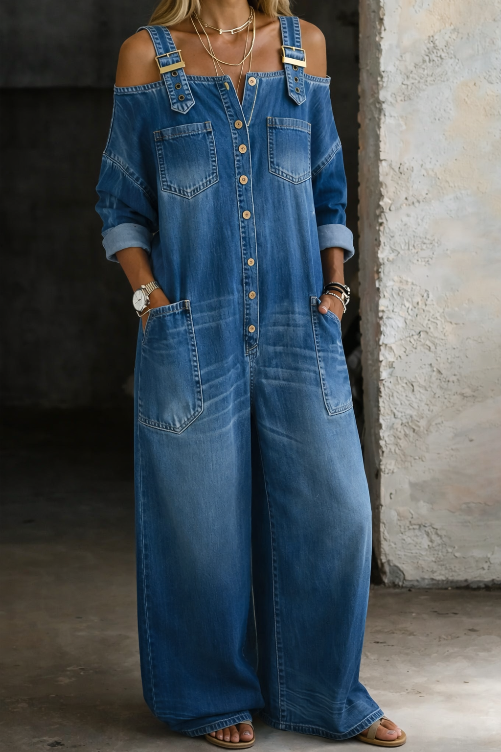Off Shoulder Jumpsuit with Square Neckline – Cowboy Printed Imitation Denim 0