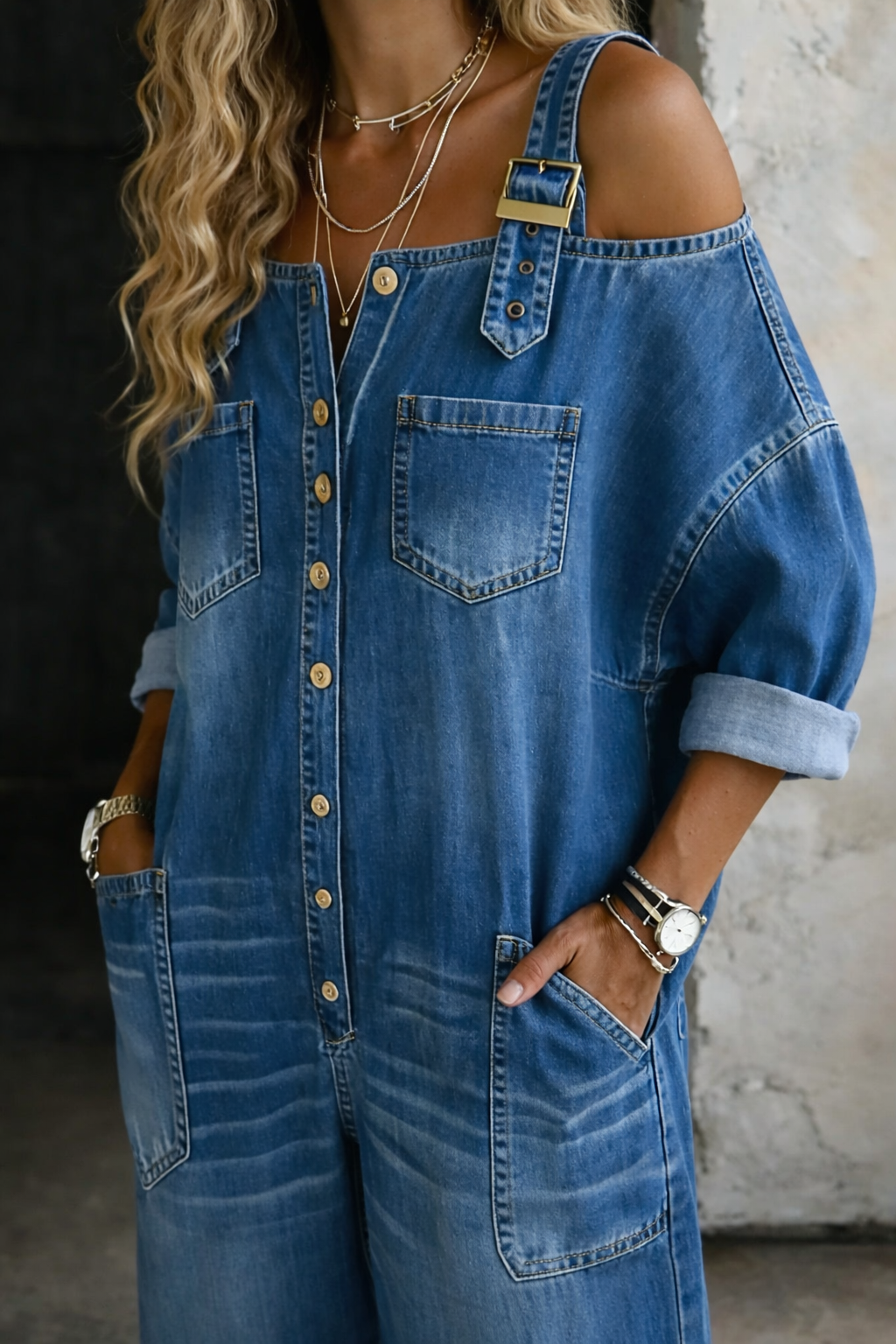 Off Shoulder Jumpsuit with Square Neckline – Cowboy Printed Imitation Denim 1