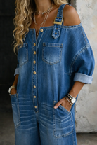 Off Shoulder Jumpsuit with Square Neckline – Cowboy Printed Imitation Denim 1