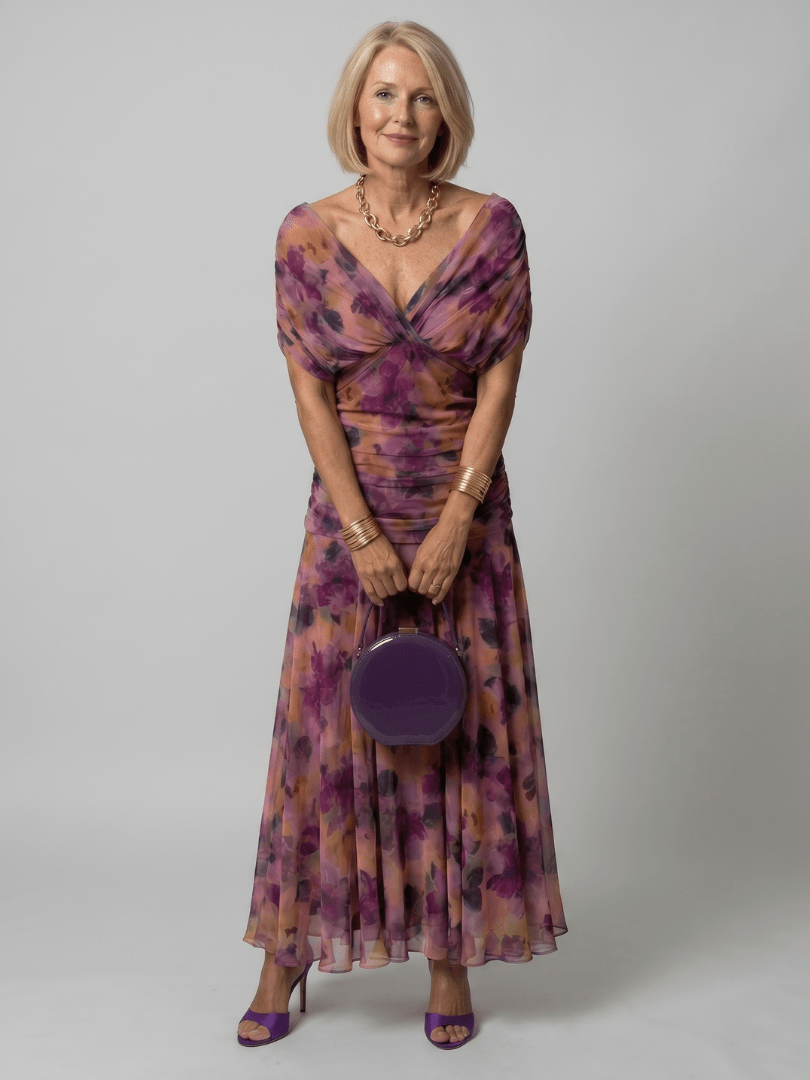 Off Shoulder Midi Dress with Draped Neckline – Lightweight Summer Dress for Wedding Guests and Cocktail Events 0