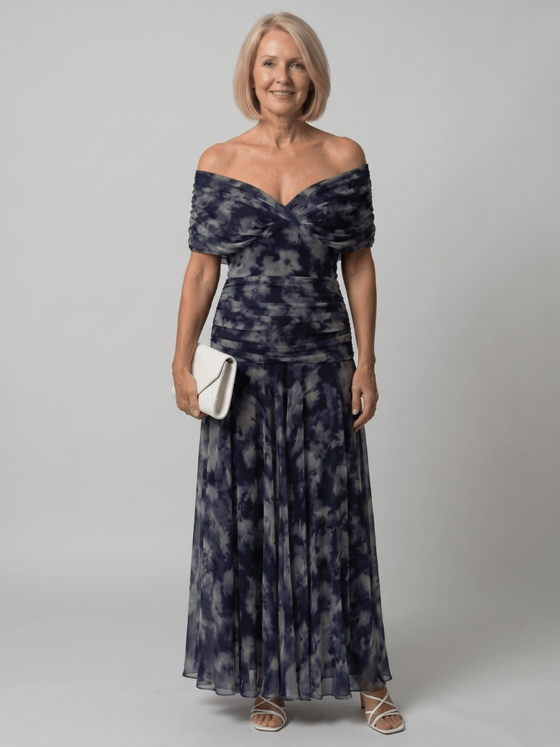 Off Shoulder Midi Dress with Draped Neckline – Lightweight Summer Dress for Wedding Guests and Cocktail Events 10