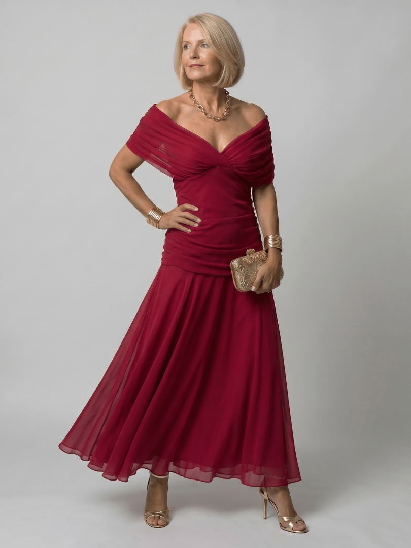 Off Shoulder Midi Dress with Draped Neckline – Lightweight Summer Dress for Wedding Guests and Cocktail Events 2