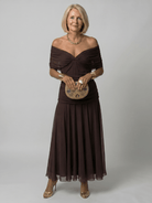 Off Shoulder Midi Dress with Draped Neckline – Lightweight Summer Dress for Wedding Guests and Cocktail Events 6