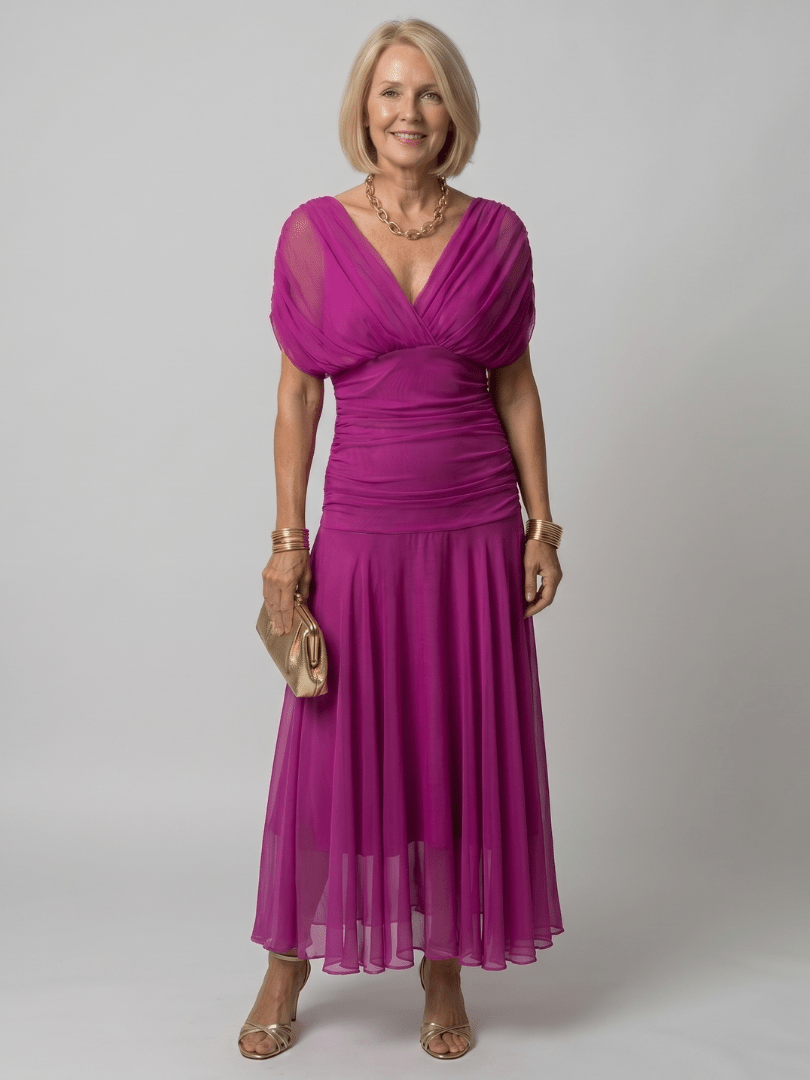 Off Shoulder Midi Dress with Draped Neckline – Lightweight Summer Dress for Wedding Guests and Cocktail Events 9