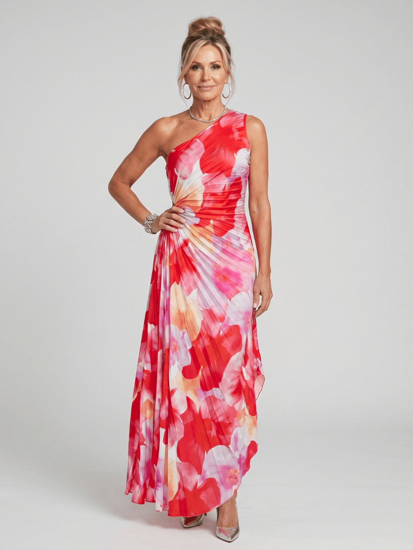 One Shoulder Midi Dress with Pleated Bodice – Lightweight Fluid Design for Casual and Formal Occasions 0