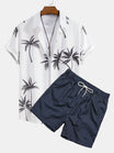 Palm Tree Print Shirt and Striped Swim Shorts Set – 100% Polyester Regular Fit Summer Beachwear 0