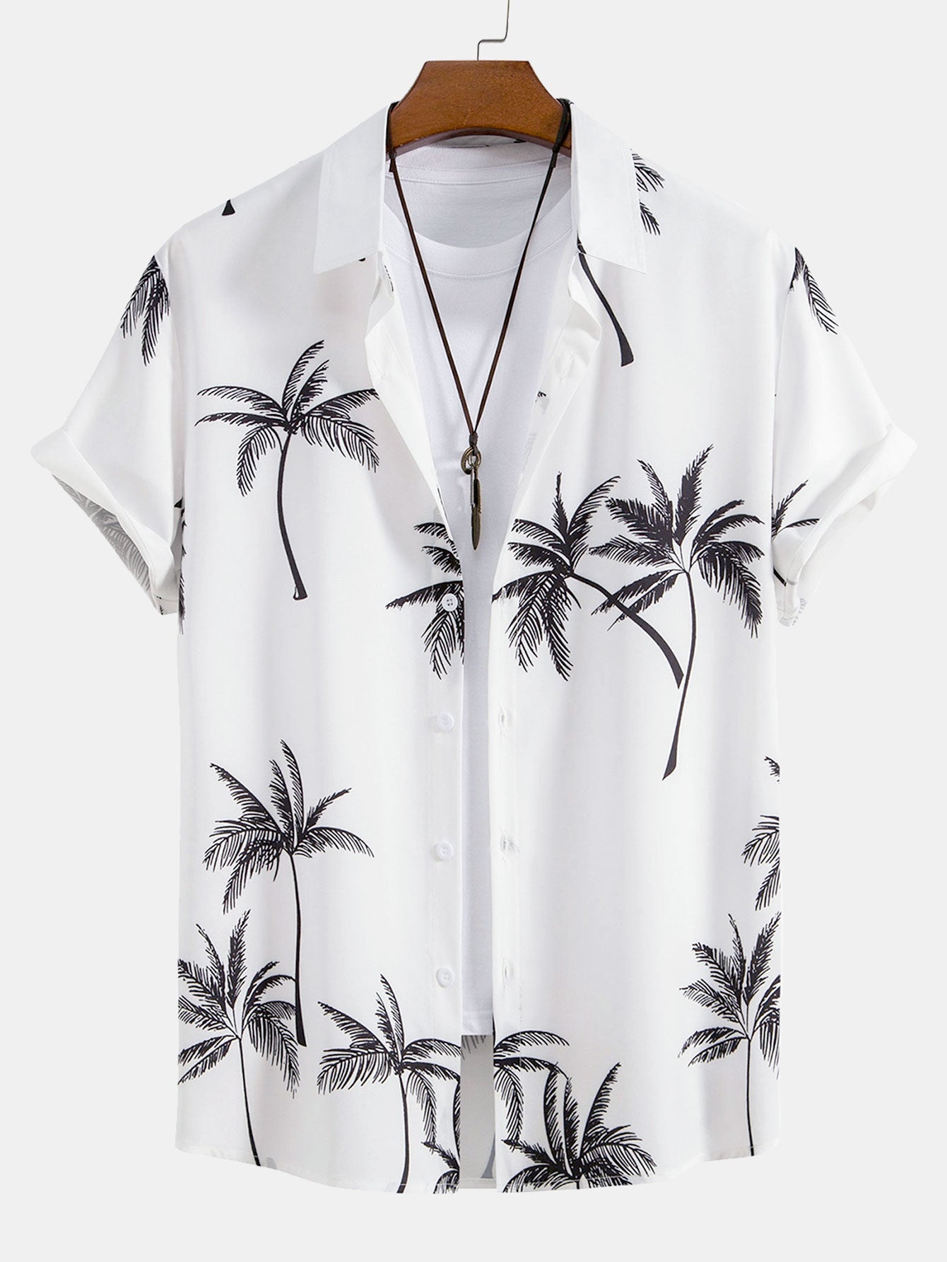 Palm Tree Print Shirt and Striped Swim Shorts Set – 100% Polyester Regular Fit Summer Beachwear 1