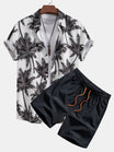 Palm Tree Print Shirt and Swim Shorts Set – 100% Polyester, Regular Fit, Casual Summer Apparel 0