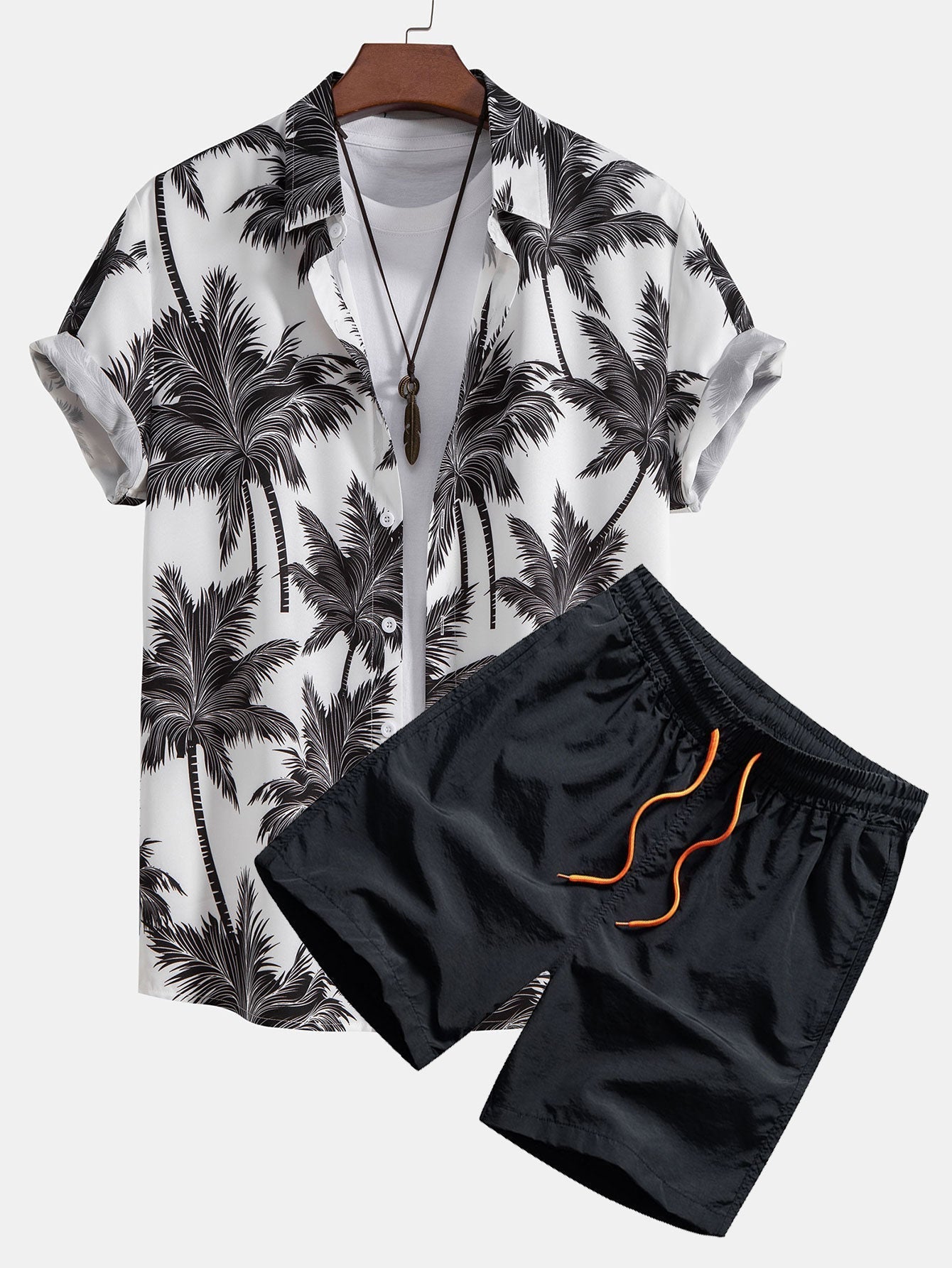 Palm Tree Print Shirt and Swim Shorts Set – 100% Polyester, Regular Fit, Casual Summer Apparel 0
