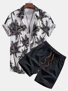 Palm Tree Print Shirt and Swim Shorts Set – 100% Polyester, Regular Fit, Casual Summer Apparel 0