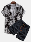 Palm Tree Print Shirt and Swim Shorts Set – 100% Polyester, Regular Fit, Casual Summer Apparel 1