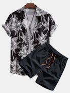 Palm Tree Print Shirt and Swim Shorts Set – 100% Polyester, Regular Fit, Casual Summer Apparel 1
