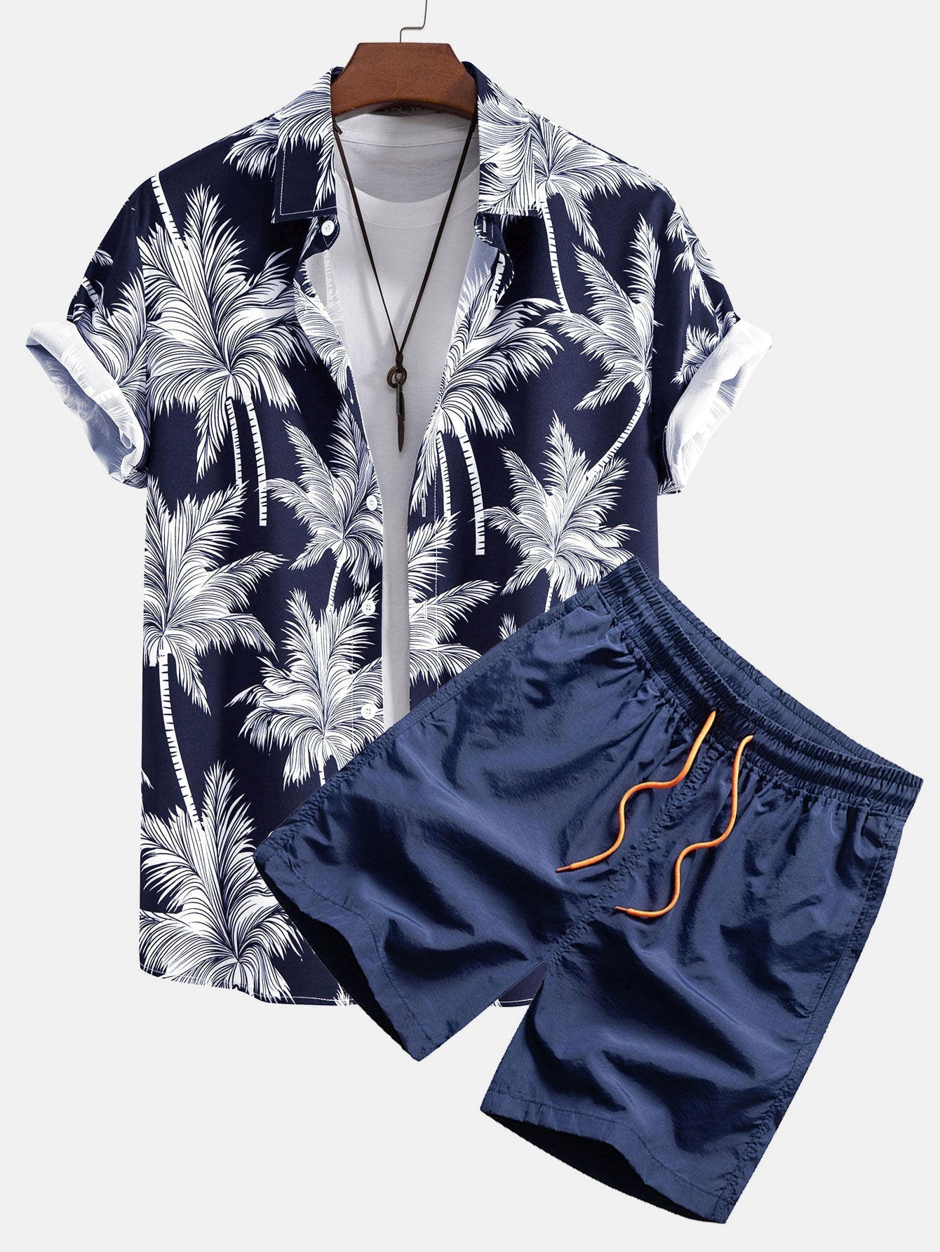 Palm Tree Print Shirt and Swim Shorts Set – 100% Polyester, Regular Fit, Casual Summer Apparel 2