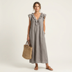 Ruffle V-Neck Maxi Dress with Side Pockets – Cotton Linen Blend – White – Relaxed Fit 0