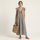 Ruffle V-Neck Maxi Dress with Side Pockets – Cotton Linen Blend – White – Relaxed Fit 0