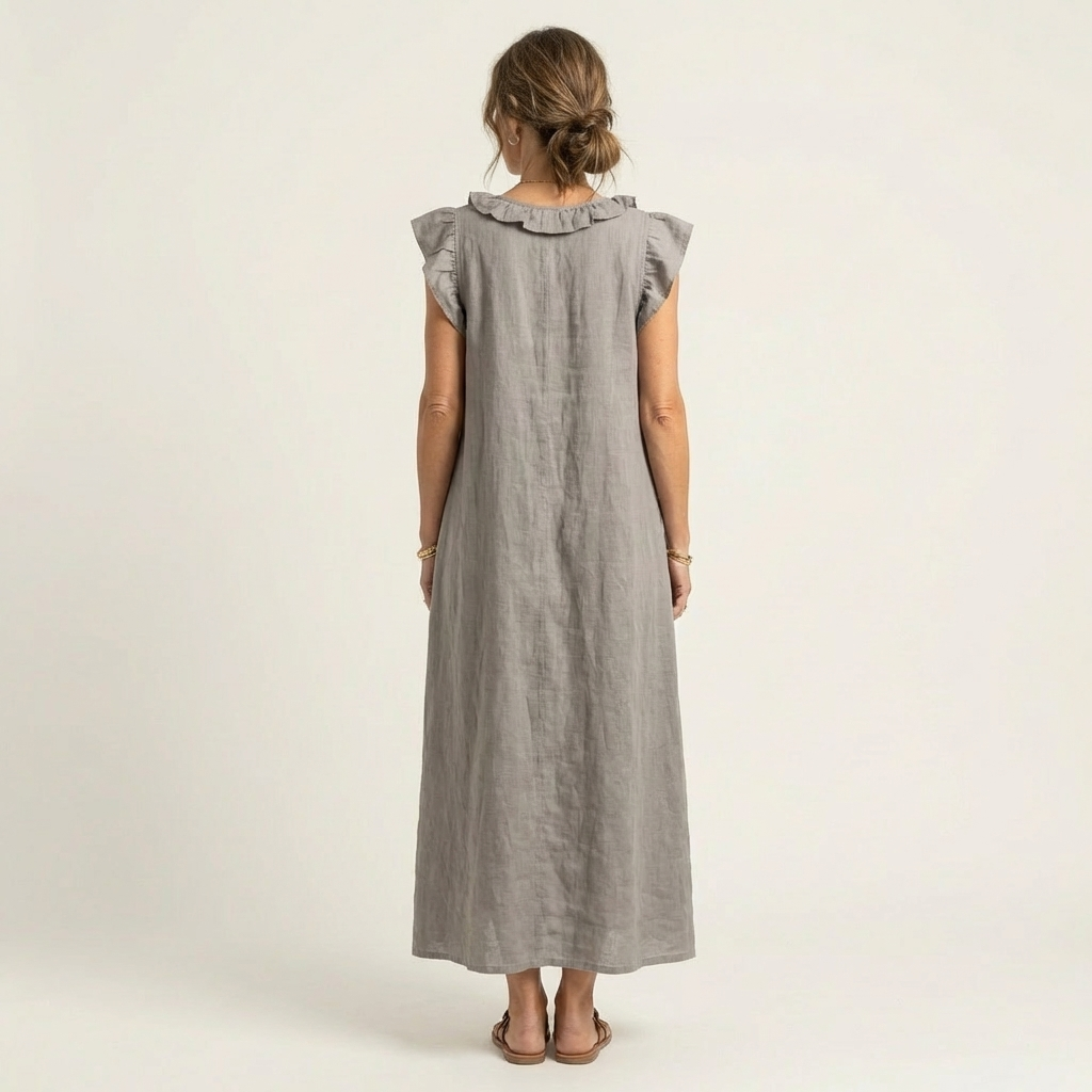 Ruffle V-Neck Maxi Dress with Side Pockets – Cotton Linen Blend – White – Relaxed Fit 1