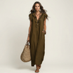 Ruffle V-Neck Maxi Dress with Side Pockets – Cotton Linen Blend – White – Relaxed Fit 10
