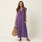 Ruffle V-Neck Maxi Dress with Side Pockets – Cotton Linen Blend – White – Relaxed Fit 12