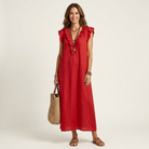 Ruffle V-Neck Maxi Dress with Side Pockets – Cotton Linen Blend – White – Relaxed Fit 2