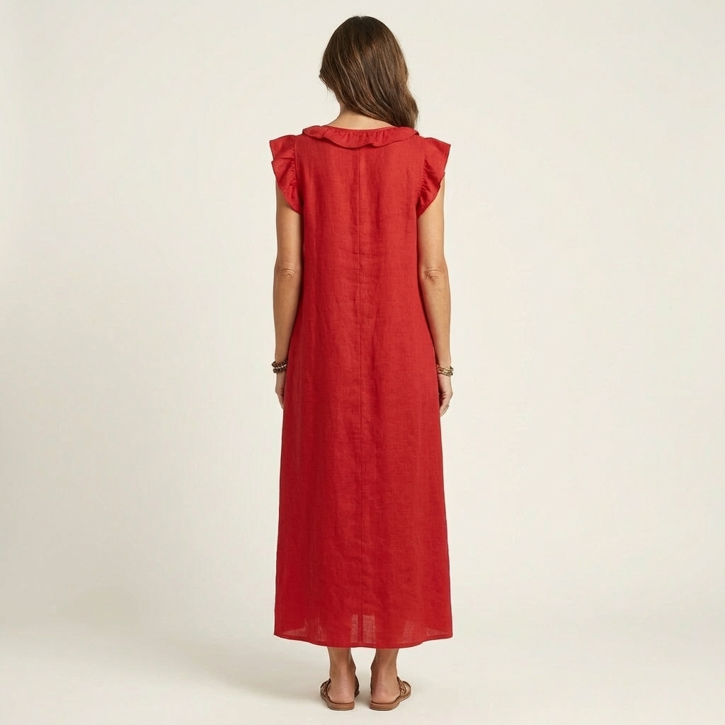 Ruffle V-Neck Maxi Dress with Side Pockets – Cotton Linen Blend – White – Relaxed Fit 3