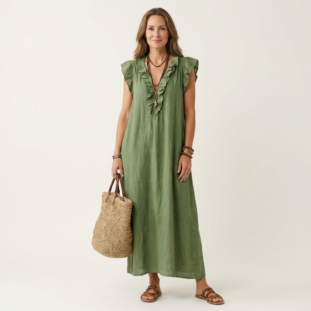 Ruffle V-Neck Maxi Dress with Side Pockets – Cotton Linen Blend – White – Relaxed Fit 4