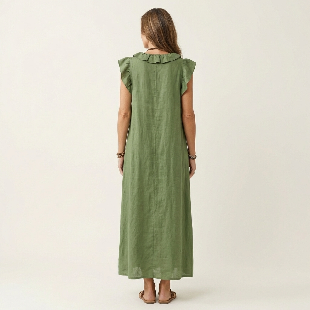 Ruffle V-Neck Maxi Dress with Side Pockets – Cotton Linen Blend – White – Relaxed Fit 5