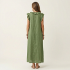 Ruffle V-Neck Maxi Dress with Side Pockets – Cotton Linen Blend – White – Relaxed Fit 5