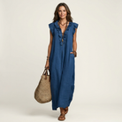 Ruffle V-Neck Maxi Dress with Side Pockets – Cotton Linen Blend – White – Relaxed Fit 6