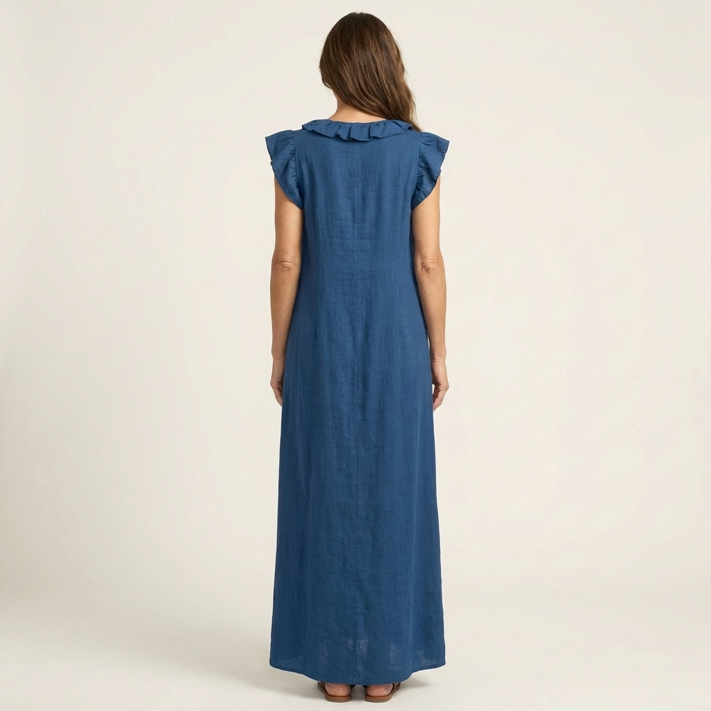 Ruffle V-Neck Maxi Dress with Side Pockets – Cotton Linen Blend – White – Relaxed Fit 7