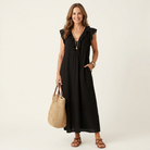 Ruffle V-Neck Maxi Dress with Side Pockets – Cotton Linen Blend – White – Relaxed Fit 8