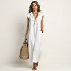 Ruffle V-Neck Maxi Dress with Side Pockets – Cotton Linen Blend – White – Relaxed Fit 9