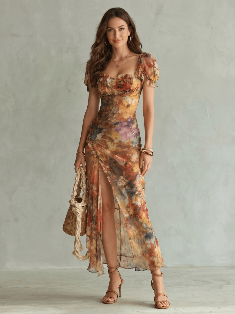 Ruffled Sleeve Midi Dress with Front Slit – Lightweight Tailored Fit for Women 0