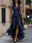Satin Gown with High-Low Hem and Ruffles – Formal Wedding Guest Dress in Midnight Navy 0