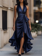 Satin Gown with High-Low Hem and Ruffles – Formal Wedding Guest Dress in Midnight Navy 0