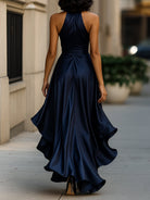 Satin Gown with High-Low Hem and Ruffles – Formal Wedding Guest Dress in Midnight Navy 1