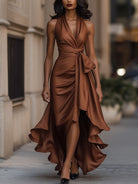 Satin Gown with High-Low Hem and Ruffles – Formal Wedding Guest Dress in Midnight Navy 12