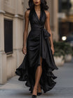 Satin Gown with High-Low Hem and Ruffles – Formal Wedding Guest Dress in Midnight Navy 13