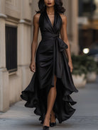 Satin Gown with High-Low Hem and Ruffles – Formal Wedding Guest Dress in Midnight Navy 13