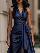 Satin Gown with High-Low Hem and Ruffles – Formal Wedding Guest Dress in Midnight Navy 2
