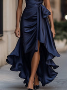 Satin Gown with High-Low Hem and Ruffles – Formal Wedding Guest Dress in Midnight Navy 3