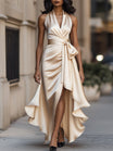 Satin Gown with High-Low Hem and Ruffles – Formal Wedding Guest Dress in Midnight Navy 4