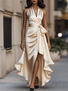 Satin Gown with High-Low Hem and Ruffles – Formal Wedding Guest Dress in Midnight Navy 4