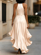 Satin Gown with High-Low Hem and Ruffles – Formal Wedding Guest Dress in Midnight Navy 5