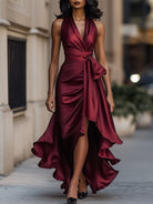 Satin Gown with High-Low Hem and Ruffles – Formal Wedding Guest Dress in Midnight Navy 6
