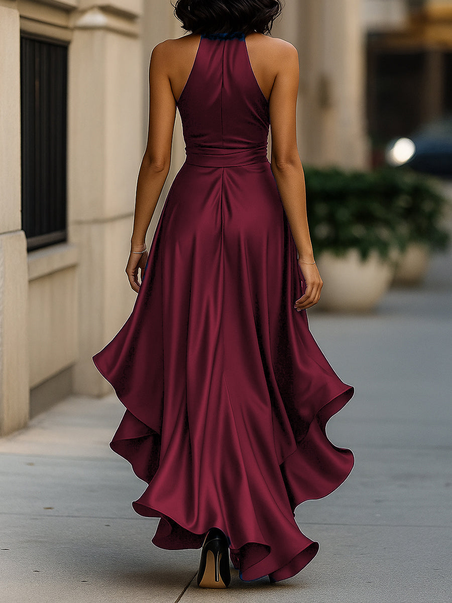 Satin Gown with High-Low Hem and Ruffles – Formal Wedding Guest Dress in Midnight Navy 7