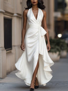 Satin Gown with High-Low Hem and Ruffles – Formal Wedding Guest Dress in Midnight Navy 8