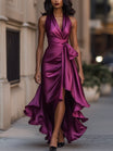 Satin Gown with High-Low Hem and Ruffles – Formal Wedding Guest Dress in Midnight Navy 9